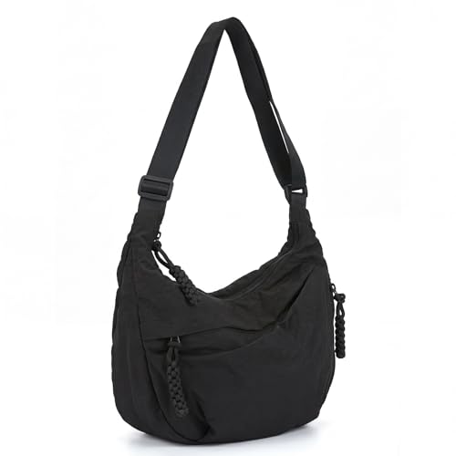 Nhgkju Halbmond Umhängetasche Damen Nylon Crossbody Bag Outdoor Crossbody Schultertasche Hobo Tasche mit verstellbarer Schultergurt für Arbeit Studium Einkaufen Reisen Sport treiben (schwarz)