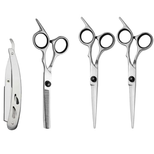 Kit Tesouras Profissionais para Barbeiro e Cabeleireiro, 6 Peças com Navalha Fio Laser, Prata, 17,5cm e 21cm, com Estojo