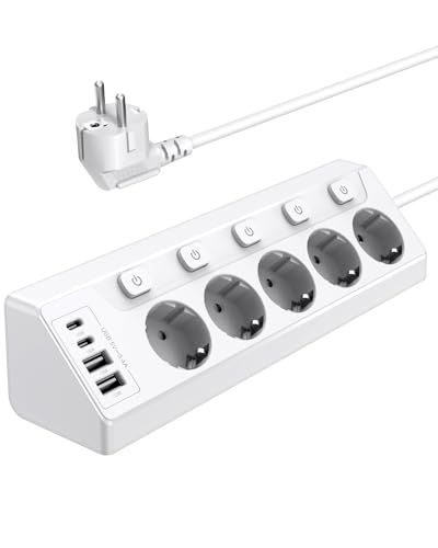 Vipwell Mehrfachsteckdose mit USB C - 5 Fach Steckdosen, Ecksteckdosenleiste Montierbar - 2m Verlängerung für Küchenzeile, Schreibtisch, Homeoffice, Hotelzimmer, Kinderzimmer, Wohnzimmer (weiß‌)