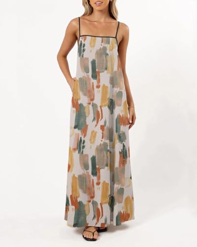 Image of Senllen Women's Linen Dress Summer Loose Flowy Sundress Contrast Spaghetti Strap Sleeveless Backless Beach Maxi Long Dresses