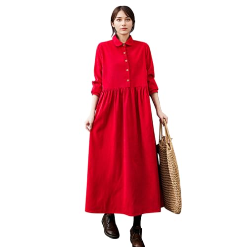 Boodtag Damen Vintage Plus Size Cordkleid UK Ladies Elegant Longshirt Kleid Loose Fit A-Linie Maxi Blusenkleid mit Reverskragen Herbst Winter Outfit,...