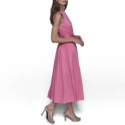 Image of Karl Lagerfeld Women's Sleeveless Boat Neck Drop Waist Belted Midi Dress