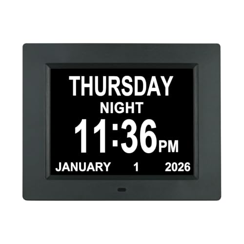 Reloj digital con calendario de día con opciones de atenuación automática y 8 alarmas extragrandes, sin abreviaturas, para pérdida de memoria, personas con alzheimer