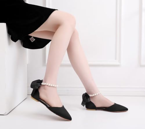 Image of Women's Bride Ballet Flats Satin Pointed Toe Pearl Ankle Strap Shoes | Satin Pointed Toe Flats; Pearl Ankle Strap Wedding Shoes