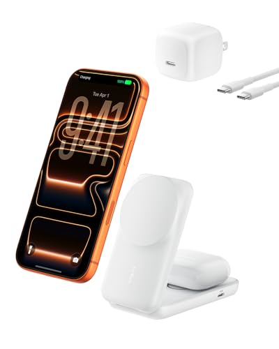 Belkin Compatível com carregador MagSafe, estação de carregamento sem fio Qi2 25W, carregador sem fio conversível para iPhone 16, AirPods, suporte de telefone portátil para viagens com porta USB-C