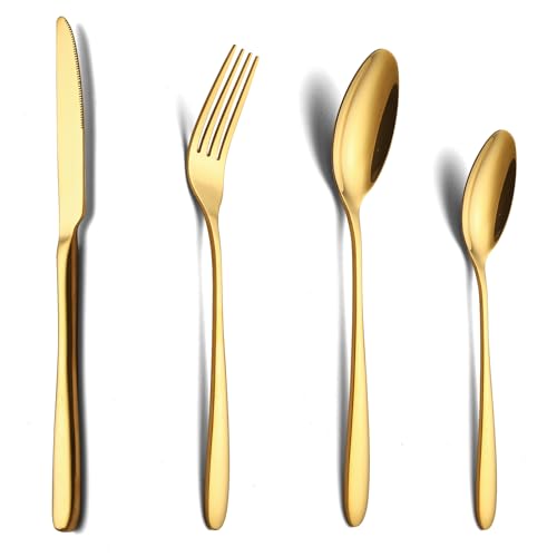 COPOTIO Conjunto de talheres de ouro para 6 pessoas, talheres de aço inoxidável 24 peças, com colher de faca de garfo