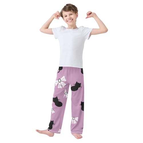 Cat and Bow Boys Pants Boys Athletic Pants Long Pant for Boywith Pockets Wide-Leg Size 6-14Y3
