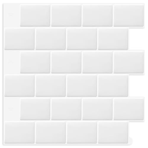DEWOO Autoadhesivos Azulejos Adhesivos Cocina Baldosas Pared Metro Cocina y Baño, Blanco 10-Piezas (32 x 26.7cm)