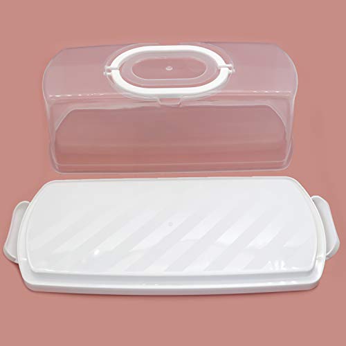 2 Pcs Portable Bread Box with Handle Loaf Cake Container Plastic Rectangular Food Storage Keeper Carrier 13inch Translucent Dome for Pastries, Bagels, Bread Rolls, Buns or Baguettes (White)