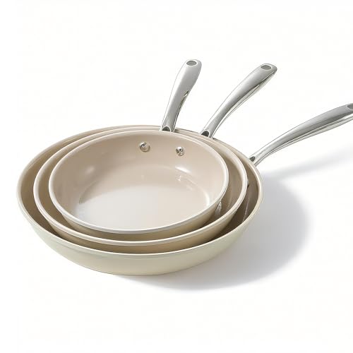 OUBRL Ceramic Nonstick Frying Pans Set, Fry Pan Skillet, Non Toxic Pans for Cooking, Egg Pans,Induction Suitable,PFAS-Free Cookware, Dishwasher Safe, Oven Safe (Cream White, 8''+9.5''+11