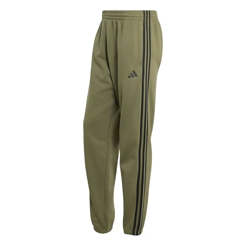 adidas Hombre Essentials 3-Stripes Fleece Tapered Cuffed Pants, Olive Four/Black, XL