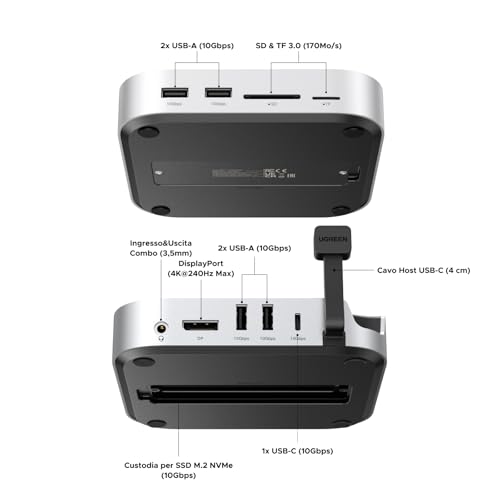 Docking Station Compatibile con Mac Mini M4 e M4 Pro Hub USB C Supporto con Alloggiamento M.2 NVME SSD DisplayPort 4K 240Hz 144Hz USB 3.2 4A1C 10Gbps SD TF Slot 3.5mm Aux - Hub USB - Immagine 8