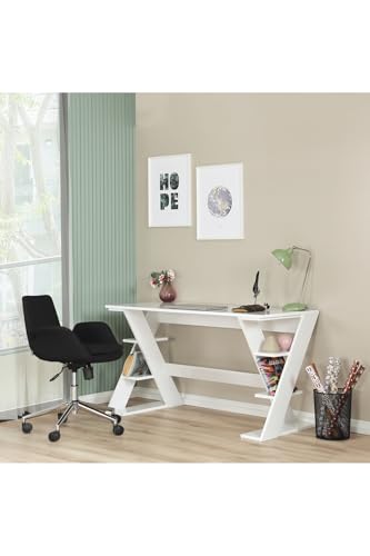 Lungo Raflı Çalışma Masası, 60X140 Cm, Ofis Masası, Parlak Beyaz