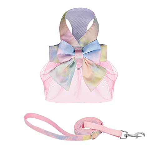 Image of HDKUW Dog Harness Dress with Leash Set,Sweet Colorful Bow Dog Dress Soft Tutu Vest Pet Clothes for Cats Puppy Small Dogs Yellow XS