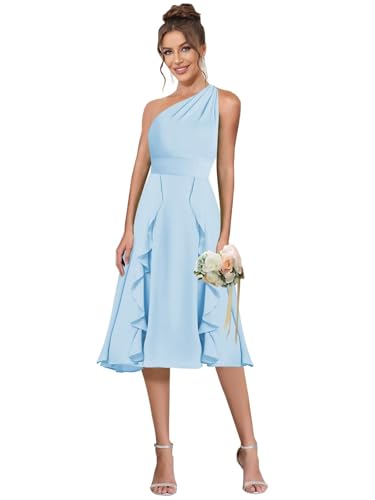 One Shoulder Short Bridesmaid Dresses for Women Chiffon Ruffle Empire Waist Formal Wedding Guest Party Gown