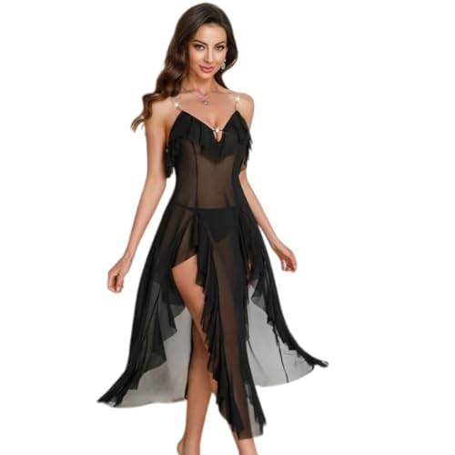 Robe sexy en tulle transparent pour femme avec décolleté V et fente