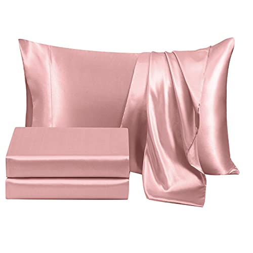 Disha Bedding- Silk Satin Sheets Set Silk Fitted Sheet 28 Inch Deep Pocket | 7 Pc Silk Bedding |Silk Duvet Cover | Silk Flat Sheet & Four Pillowcases Set. (Queen Rose Gold) #TOP3