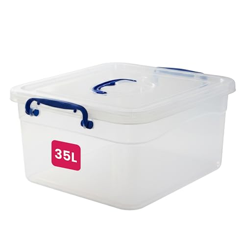 STL Heavy-Duty Clear Plastic Storage Box with Lid, Stackable Storage Container for Home, Office, Kitchen, Toys, and Goods, Secure Clip-Lock Lid, Durable & Transparent Design (35ltr)