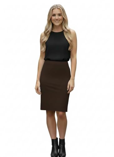 INSAFIANS Women’s Knee-Length Pencil Skirt Elasticated Waist Casual Tartan Midi Skirt (Brown 12)