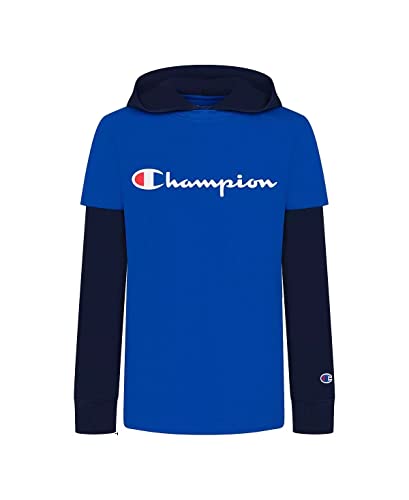 Champion Boys Long-Sleeve Classic Script Hooded Pullover T-Shirt/Tee (Bozetto Blue/Navy) (as1, alpha, x_l, regular)