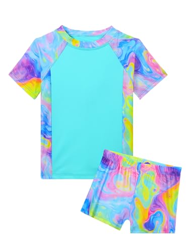 Image of Girl Swimsuits 2 Pieces Multicolor Short Sleeve Quick Dry Durable Rash Guard Set with Shorts