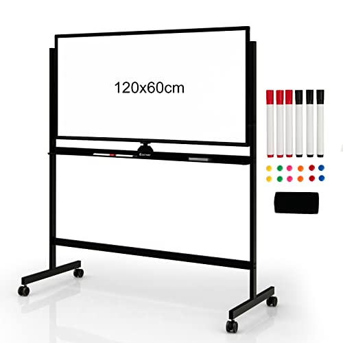 COSTWAY Pizarra Móvil Magnética Doble Cara 120 x 60 cm, Pizarra Blanca con Ruedas de Borrado en Seco Ajustable con Soporte, 6 Marcadores, 12 Imanes y 1 Borrador(120x60cm, negro)