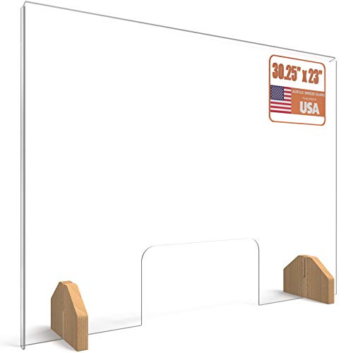 Sneeze Guard Plexiglass Shield for Counter â€“ with Wooden Red Oak Bases and Transaction Window â€“ 30 inches Wide by 23 inches Tall, Freestanding Protective Plastic Acrylic Barrier for Countertop or Desk