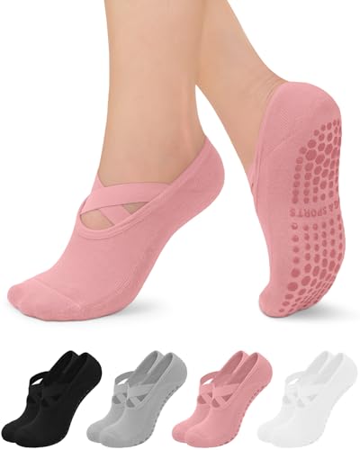 Image of yeuG Pilates Socks for Women Non Slip Grip Socks for Yoga, Barre, Hospital, Barefoot Grippy Yoga Sock Womens Gifts 4 Pairs