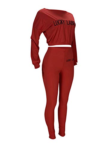 Bornpom Womens Two Piece Outfits Letter Print Sweatsuits Tracksuit Long Sleeve Sweatshirt and Sweatpants Set Red XL