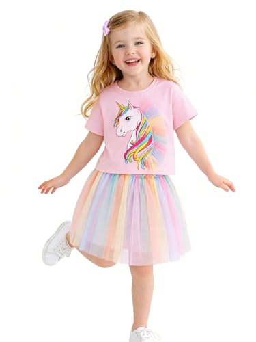 HILEELANG Unicorn Tutu Outfit for Toddler Little Girls 2 Piece Cotton Top and Pastel Rainbow Tulle Skirt Set 4T