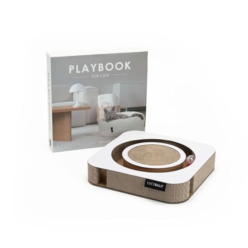 LucyBalu Playbook Katzen Kratzbrett mit Ball | Fummelbrett | Katzenspielsachen aus Kratzpappe | Interaktives Katzen-Spielzeug | Kratzspielzeug | Katzenspielzeug Selbstbeschäftigung | Interior Cover
