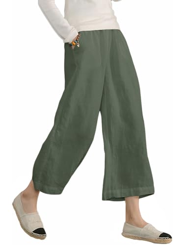 Image of ECUPPER Womens Cotton Cropped Pants Loose Fit Wide Leg Trousers | Casual, Plus Size, Elastic Waist, Capri, 100% Cotton, Slant Pockets, High Rise Waist, Lounge Pants