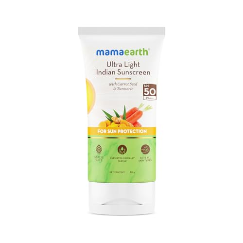 Mamaearth Ultra Light Indian Sunscreen-50 g with Carrot Seed & Turmeric-SPF 50 PA +++|For Broad Spectrum UVA & UVB ProtectionNo White Cast|Suits All Skin Types|Super Lightweight|Non-Greasy & Quick Absorbing