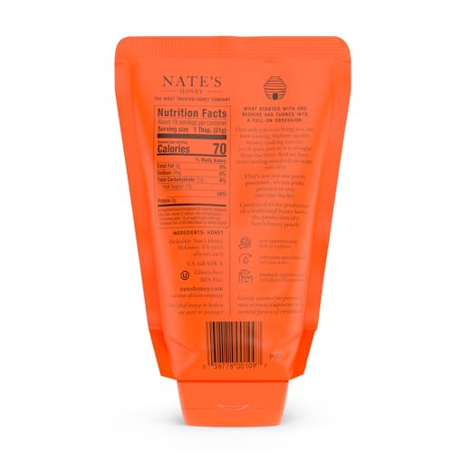 Nate's 100% Pure, Raw & Unfiltered Honey, No-Drip Sustainable Squeeze Pouch; Purity Guarantee, No Additives, 14 Ounce