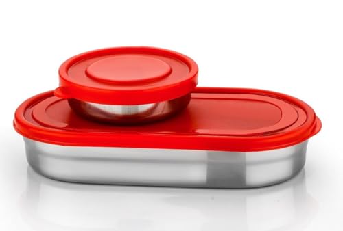 Image of Stainless Steel Lunch Box Combo for Office, School & Travel | Set of 2 Airtight Containers (650ml + 200ml) | Leak-Proof & Durable Food Storage Box for Men & Women - Red