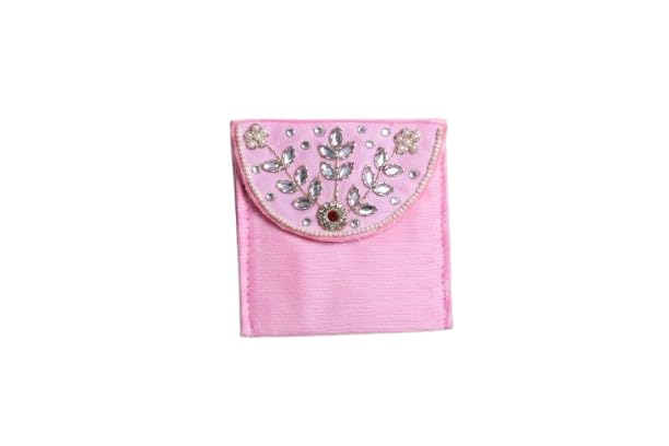 Mero sawariya Pink Embellished Pouch with Crystal and Pearl Floral Design, Small Fabric Clutch-image-30