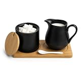 Milch und Zucker Set mit Deckel und Löffel, Keramik Milchkännchen mit Holztablett Set ,Keramik Sahnekännchen Milchbehälter ideal für Kaffee, Cappuccino Tassen, Spülmaschinen- und Mikrowellengeeignet