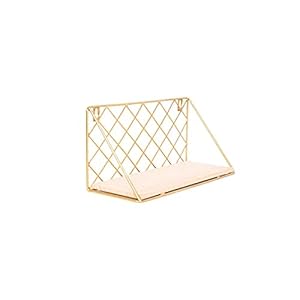 HJW Praktische opbergrek woondecoratie drijvende wandplank goud, metaal hout opbergrek voor fotolijst boek plant pot wekker kalender vakantie decoratie 1Huiyang-01020, a, klein
