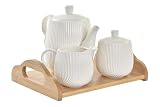 Juego de tetera con tapa, azucarero y lechera con soporte madera bambu para servir mesa