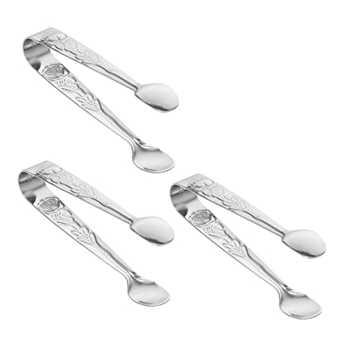 GRIRIW 2sets Stainless Steel Rose Pattern Ice Cube Grid Tongs Sugar Cube Tweezers Versatile Serving Tongs 3pcs*2