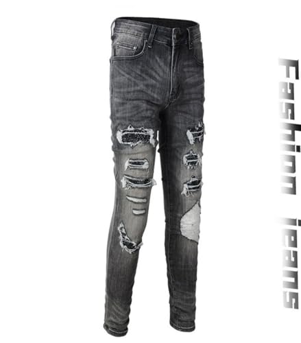 Jeans Pants Trousers Denim Trendy Street Setting Zircon Sequins Ripped Distressed Gray Hole Stretch Slim Fit Fringed Casual Small Straight Leg for Men(Dark Grey,31)2