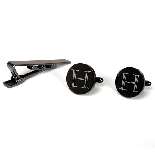 Image of Mens Initial Cufflinks and Tie Clip A-Z Alphabet Letter Black Stainless Cuff Links Tie Bar with Engraved Walnut Wood Box Groom Groomsman Wedding Set