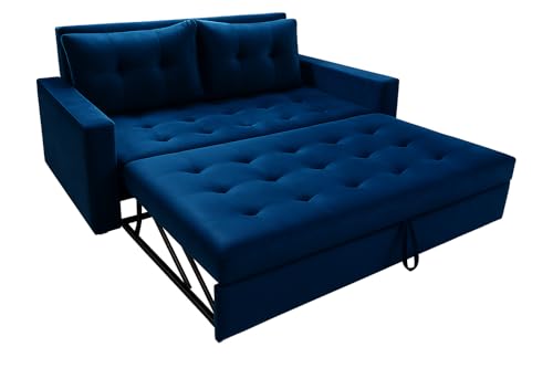 Image of FURNY Tressa 2 Seater Fabric Pull-Out Sofa Cum Bed (Blue) | Premium Velvet Finish | Durable Comfort | Ideal for Living Room