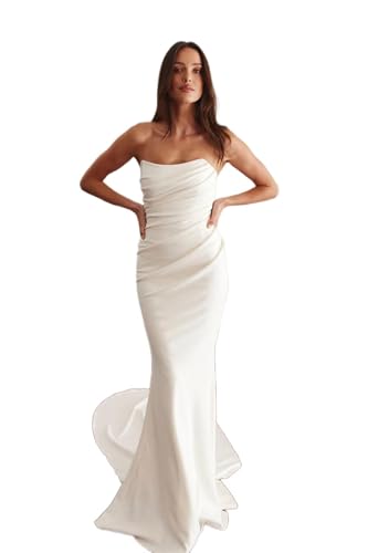ZOOYYUE Hochzeitskleid,Damen Meerjungfrau Offenen Schultern Spitzen Brautkleider Lang Boho Beach Satin Hochzeitskleider Braut Standesamt Ballkleider Elfenbein 36