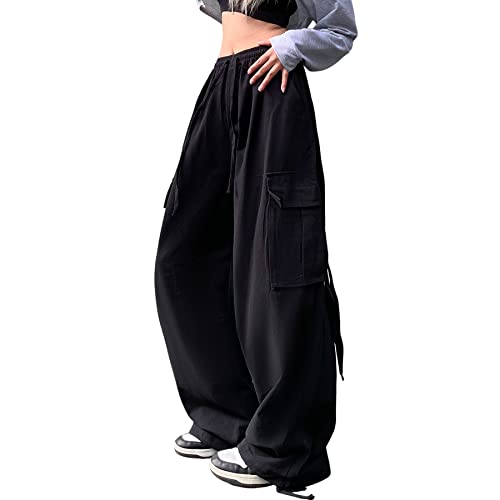 Linsennia Cargo Pants Women Baggy Y2k Streetwear Wide Leg Pants with Pockets High Waist Drawstring Goth2