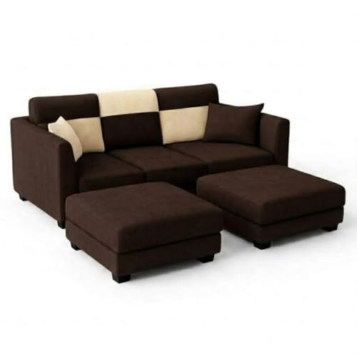 Image of SOCOZI Evanto 5 Seater L Shape Sofa Set with 2 Movable Ottomans | Flexible Layout | Soft Velvet Suede Fabric | Modern Sofa | Plush Comfort Cushions for Living Room, (Dark Brown-Cream)