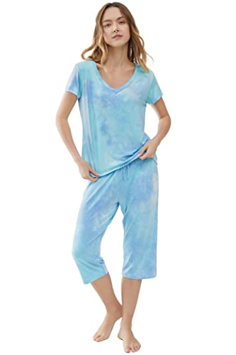 Joyaria Womens Pajama Sets Short Sleeve and Capri Pants Soft Bamboo Viscose 2 Pieces Sleepwear Lounge Set2