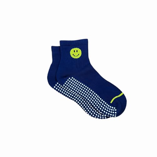 Smiley Grip Socks 3-Pack – Cushioned for Pilates, Studio, Non-Slip Ankle Socks, Happy Face Design, Blue, Green, White3