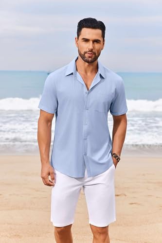 COOFANDY Mens Casual Linen Shirt Short Sleeve Button Down Shirt Summer Beach Shirts with Pocket2