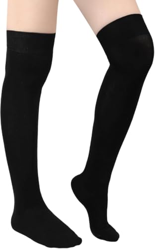 Thigh High Socks for Women Girls, 80% Cotton Knee High Warm Socks Soft Comfortable Long Socks Thigh High Stockings for Halloween Wednesday Cosplay Prom Daily Wearing (Black)